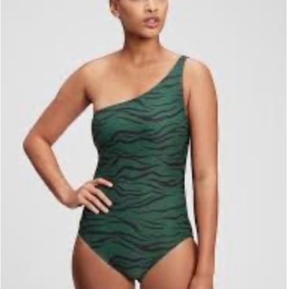 GAP One-Shoulder Green Zebra Print Swimsuit - Picture 1 of 6